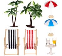 NUOBESTY Ensemble de Décoration de Plage Miniature, 2 Palmiers, 2 Parasols, 2 Chaises de Plage (), 2 Boissons, 1 Table Basse Ronde, Bois/Plastique/résine, pour Maison de Poupée, Mini Jardin,