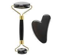 NUOBESTY Ensemble de Massage Visage 2 Pièces en Pierre Naturelle Rouleau Manuel et Outil Gua Sha à Bords Lisses et Design Incurvé pour Éliminer le Double Menton