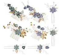 NUOBESTY Lot de 2 set de Ensembles de Peignes à Cheveux Fleuris Bleu Clair Rose et Blanc Accessoires de Coiffure pour Mariage et Cérémonie Fourchettes à Cheveux Vintage pour Femmes