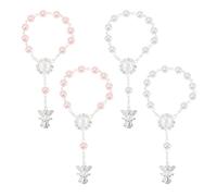 NUOBESTY Lot de 4 Bracelets Chapelet pour Bébé avec Pendentif Ange en Argenté 2 Blancs et 2 Rose Clair Présents de Baptême pour Fille Accessoire Religieux pour Cérémonie