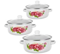 NUOBESTY Marmite vintage en émail avec couvercle, 3 pièces, motif floral rétro, marmite profonde antiadhésive de 16/18/20 cm, marmite à pâtes à induction pour la cuisson des ragoûts, des ramen