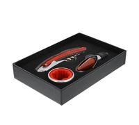 NUOBESTY Outil d'Ouverture de Bouteille de Vin 3 Pièces en Acier Inoxydable Tire-Bouchon Verseur en Bois Rouge et Anneau Anti-Goutte en Tissu Rouge Ensemble Pratique pour Bars