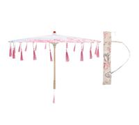 NUOBESTY Parapluie en Tissu de Soie 82 CM Style Chinois Pompons et Motif Sakura Rose Accessoire Photo pour Danse et Spectacle Parasol Artistique pour Séance Photo et Décoration de Scène