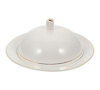 NUOBESTY Plat à Steak en Céramique 20 CM avec Couvercle Doré Assiette de Service Cuisine Occidentale Vaisselle de Table Élégante pour Dessert et Conservation des Aliments