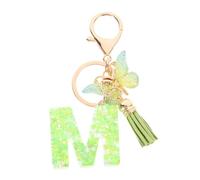 NUOBESTY Porte-clés Pendentif Vert Lettre Initiale en Résine et Alliage de Zinc, Étoile et Lune, avec Pompon pour Paquet à Dos et Cartable