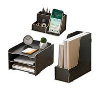 NUODWELL Ensemble de rangement de bureau en bois - Bac à courrier A4 à 3 niveaux, porte-documents, porte-stylos, organiseur de bureau et rangement pour fournitures de bureau (noir), AB2659