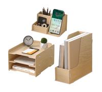 NUODWELL Ensemble de rangement de bureau en bois - Bac à courrier A4 à 3 niveaux, porte-documents, porte-stylos, organiseur de bureau et rangement pour fournitures de bureau (chêne)