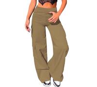 Nuofengkudu Cargo Pantalon Femme Large Stretch Patte D'elephant Elastique Taille Haute Travail Pants Bootcut Multi Poches Flare Pantalons Palazzo Ado Y2K Décontracté Punk Streetwear Kaki L