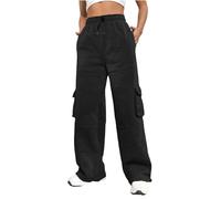 Nuofengkudu Chaud Fourré Pantalon Large Jogging Femme Cordon Taille Elastique Cargo Poches Molletonné Hiver Ample Survetement Pantalons de Sport Detente Sweatpants Sportswear Noir M