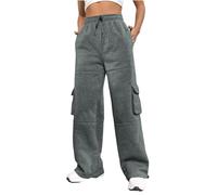 Nuofengkudu Chaud Fourré Pantalon Large Jogging Femme Cordon Taille Elastique Cargo Poches Molletonné Hiver Ample Survetement Pantalons de Sport Detente Sweatpants Sportswear Gris Foncé L