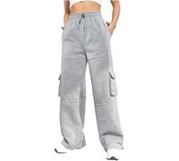 Nuofengkudu Chaud Fourré Pantalon Large Jogging Femme Cordon Taille Elastique Cargo Poches Molletonné Hiver Ample Survetement Pantalons de Sport Detente Sweatpants Sportswear Gris Clair L