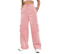 Nuofengkudu Chaud Fourré Pantalon Large Jogging Femme Cordon Taille Elastique Cargo Poches Molletonné Hiver Ample Survetement Pantalons de Sport Detente Sweatpants Sportswear Rose S