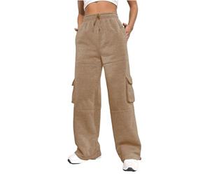 Nuofengkudu Chaud Fourré Pantalon Large Jogging Femme Cordon Taille Elastique Cargo Poches Molletonné Hiver Ample Survetement Pantalons de Sport Detente Sweatpants Sportswear Kaki 2XL