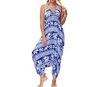 Nuofengkudu Femme Boheme Imprimé Combinaisons Taille Haute Baggy Jumpsuits Barboteuse Longueur Pantalon Sarouel Ete Vetement Plage Beachwear Taille Unique S-Éléphant Bleu