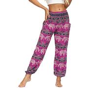 Nuofengkudu Femme Harem Pantalon Sarouel Thaïlandais Hippie Baggy Léger Boho Ethnique Smockée Taille Haute avec Poches Yoga Pants Été Plage (Y-Rose Éléphant,Taille Unique)