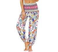 Nuofengkudu Femme Harem Pantalon Sarouel Thaïlandais Hippie Baggy Léger Boho Ethnique Smockée Taille Haute avec Poches Yoga Pants Été Plage(Y-Modèle A,Taille Unique)