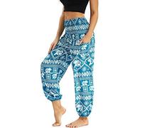 Nuofengkudu Femme Harem Pantalon Sarouel Thaïlandais Hippie Baggy Léger Boho Ethnique Smockée Taille Haute avec Poches Yoga Pants Été Plage ,Bleu Clair Éléphant B,Taille unique