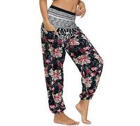 Nuofengkudu Femme Harem Pantalon Sarouel Thaïlandais Hippie Baggy Léger Boho Ethnique Smockée Taille Haute avec Poches Yoga Pants Été Plage ,Rose Floral,Taille unique