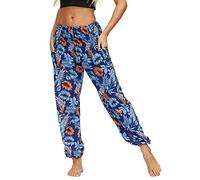 Nuofengkudu Femme Harem Pantalon Sarouel Thaïlandais Hippie Baggy Léger Boho Ethnique Smockée Taille Haute avec Poches Yoga Pants Été Plage (Y-Bleu Floral,Taille Unique)