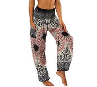 Nuofengkudu Femme Harem Pantalon Sarouel Thaïlandais Hippie Baggy Léger Boho Ethnique Smockée Taille Haute avec Poches Yoga Pants Été Plage ,Gris Fleur,Taille unique