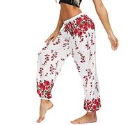 Nuofengkudu Femme Harem Pantalon Sarouel Thaïlandais Hippie Baggy Léger Boho Ethnique Smockée Taille Haute avec Poches Yoga Pants Été Plage (Y-Blanc Floral,Taille Unique)