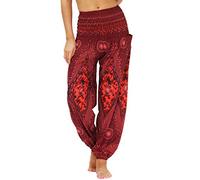 Nuofengkudu Femme Harem Pantalon Sarouel Thaïlandais Hippie Baggy Léger Boho Ethnique Smockée Taille Haute avec Poches Yoga Pants Été Plage(Y-Modèle F,Taille Unique)