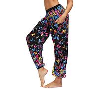 Nuofengkudu Femme Harem Pantalon Sarouel Thaïlandais Hippie Baggy Léger Boho Ethnique Smockée Taille Haute avec Poches Yoga Pants Été Plage (Y-Papillon Noir,Taille Unique)
