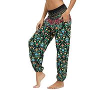 Nuofengkudu Femme Harem Pantalon Sarouel Thaïlandais Hippie Baggy Léger Boho Ethnique Smockée Taille Haute avec Poches Yoga Pants Été Plage ,Floral Vert,Taille unique