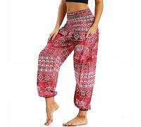 Nuofengkudu Femme Harem Pantalon Sarouel Thaïlandais Hippie Baggy Léger Boho Ethnique Smockée Taille Haute avec Poches Yoga Pants Été Plage ,Rouge Éléphant A,Taille unique
