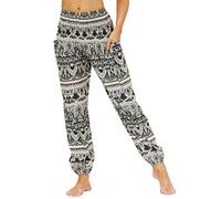 Nuofengkudu Femme Harem Pantalon Sarouel Thaïlandais Hippie Baggy Léger Boho Ethnique Smockée Taille Haute avec Poches Yoga Pants Été Plage(Y-Modèle E,Taille Unique)