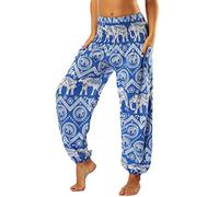 Nuofengkudu Femme Harem Pantalon Sarouel Thaïlandais Hippie Baggy Léger Boho Ethnique Smockée Taille Haute avec Poches Yoga Pants Été Plage ,Bleu Éléphant,Taille unique