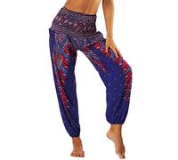 Nuofengkudu Femme Harem Pantalon Sarouel Thaïlandais Hippie Baggy Léger Boho Ethnique Smockée Taille Haute avec Poches Yoga Pants Été Plage ,Violet Paon,Taille unique