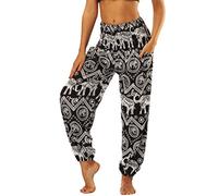 Nuofengkudu Femme Harem Pantalon Sarouel Thaïlandais Hippie Baggy Léger Boho Ethnique Smockée Taille Haute avec Poches Yoga Pants Été Plage ,Noir Éléphant,Taille unique