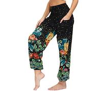 Nuofengkudu Femme Harem Pantalon Yoga Sarouel Legers Hippie Baggy Léger Ethnique Calqué Smockée Taille Haute avec Poches Été Plage (Taille Unique, Y-Fleur Vintage)
