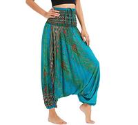 Nuofengkudu Femme Hippie Sarouel Combinaison Pantalon Bretelles Jumpsuit Taille Haute Large Boheme Fleuri Imprimé Leger Grande Thai Yoga Pants Homewear Coloré Ete Plage N Paon Laque Vert