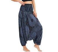 Nuofengkudu Femme Hippie Sarouel Combinaison Pantalon Bretelles Jumpsuit Taille Haute Large Boheme Fleuri Imprimé Leger Grande Thai Yoga Pants Homewear Coloré Ete Plage Roses Noir