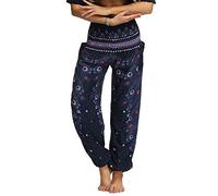 Nuofengkudu Femme Hippie Sarouel Harem Thai Pantalon Poches Boho Fleuri Print Taille Haute Baggy Casual Plage Leger Yoga Pants (Bleu Marine,Taille Unique)