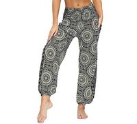 Nuofengkudu Femme Hippie Sarouel Harem Thai Pantalon Poches Boho Fleuri Print Taille Haute Baggy Casual Plage Leger Yoga Pants(Y-Gris,Taille Unique)