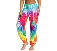 Nuofengkudu Femme Hippie Sarouel Harem Thai Pantalon Poches Boho Fleuri Print Taille Haute Baggy Casual Plage Leger Yoga Pants (Rainbow B,Taille Unique)