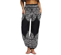 Nuofengkudu Femme Hippie Sarouel Harem Thai Pantalon Poches Boho Fleuri Print Taille Haute Baggy Casual Plage Leger Yoga Pants (Noir C,Taille Unique)