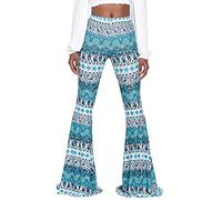 Nuofengkudu Femme Long Legging Pantalon Evase Taille Haute Stretch Large Evasee Boheme Vintage Hippie Fleurie Imprime Trousers Skinny Collant Yoga Pants Disco Danse Fête Turquoise M