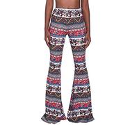 Nuofengkudu Femme Long Legging Pantalon Evase Taille Haute Stretch Large Evasee Boheme Vintage Hippie Fleurie Imprime Trousers Skinny Collant Yoga Pants Disco Danse Fête Mode Rouge M