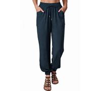Nuofengkudu Femme Pantalon Sarouel Hippie Poches Cordon Taille Elastique Leger Baggy Respirant Uni Yoga Harem Pants Confort Vintage Detente Pantalons Bloomer Ete Plage Pyjama Decontracte Bleu M