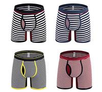 Nuofengkudu Homme 4 Pack Boxers Caleçons Elasthane Shorts Briefs Rayures Print sous-vêtements Underwear Doux Confortable Nouveauté Underpants Cadeau Boxers-1 Ceinture Taille XXXL 104-113CM
