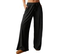Nuofengkudu Large Pantalon Femme Grande Taille Wide Leg Élégant Cordon Adjustable 2 Poches Elastique Haute Taille Confortable Stretch Ample Pyjama Chic Detente Pantalons Baggy Lounge Pants Noir XL
