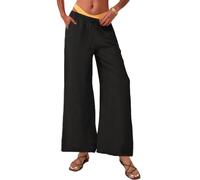 Nuofengkudu Large Pantalon Fluide Femme Été Leger Viscose Palazzo Taille Elastique Cordon de Serrage 3 Poche Chic Elegant Boho Uni Confort Décontracté Souple Yoga Pants Vacances Plage Noir M