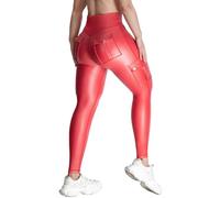 Nuofengkudu Leggings Cargo Similicuir Femmes Poches Taille Haute 7/8 Extensibles Doux Fitness Entraînement Sportif Effet Push-Up Contrôle Ventre Rehausseur Fesses Opaques Coupe Ajustée Rouge XL