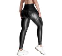 Nuofengkudu Leggings Cargo Similicuir Femmes Poches Taille Haute 7/8 Extensibles Doux Fitness Entraînement Sportif Effet Push-Up Contrôle Ventre Rehausseur Fesses Opaques Coupe Ajustée Noir L