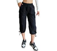 Nuofengkudu Pantacourt Femme Cargo Été Droit Cuffed Réglable 6 Poche Taille Élastique Capri Pantalon Corsaire Uni Enfiler Cordon de Serrage Sport 3/4 Jogging Travail Décontracté Mode Y2K Noir L