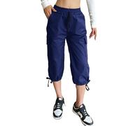 Nuofengkudu Pantacourt Femme Cargo Été Droit Cuffed Réglable 6 Poche Taille Élastique Capri Pantalon Corsaire Uni Enfiler Cordon de Serrage Sport 3/4 Jogging Travail Décontracté Mode Bleu Marine 2XL